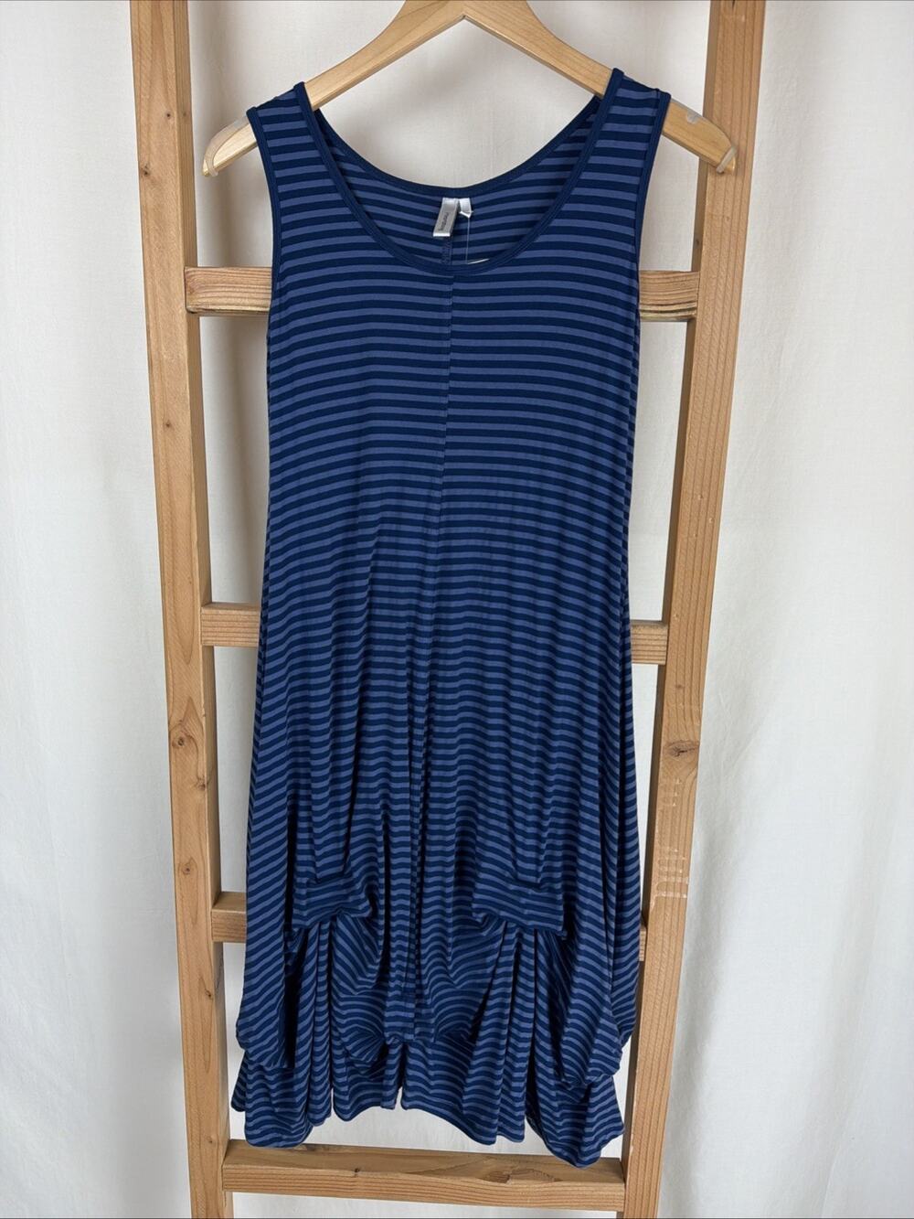 NWT Kleen "Blue Striped Round Neck Draped Hem Midi Tank Dress #0857 Size XS
